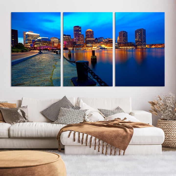 Boston Downtown Night Skyline Picture Canvas Wall Art Print