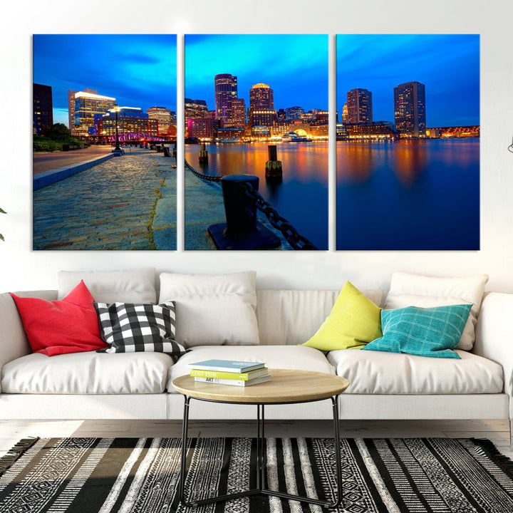 Boston Downtown Night Skyline Picture Canvas Wall Art Print