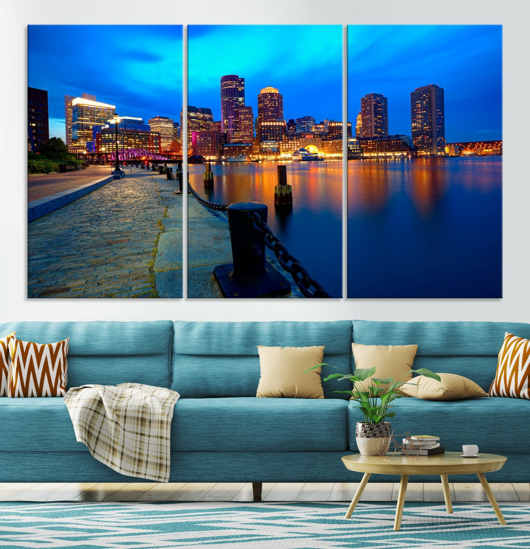 Boston Downtown Night Skyline Picture Canvas Wall Art Print