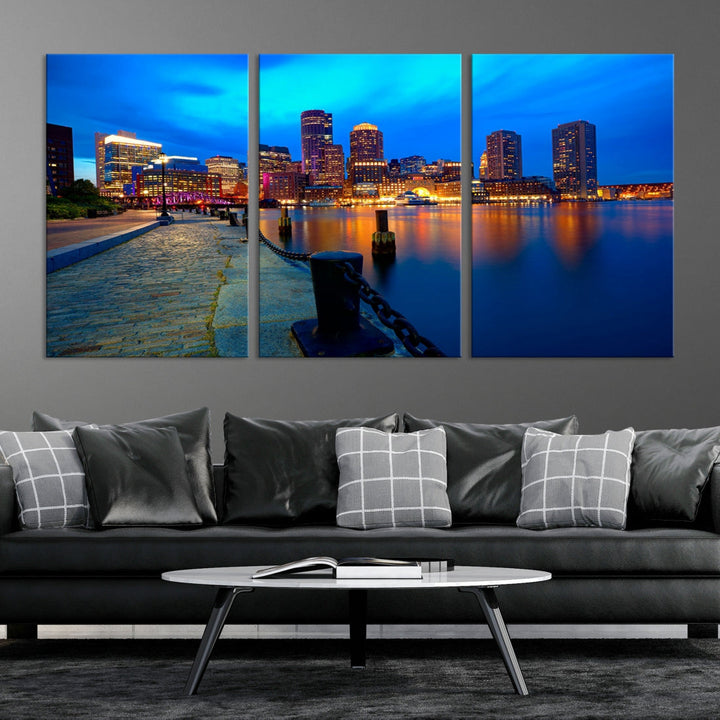 Boston Downtown Night Skyline Picture Canvas Wall Art Print