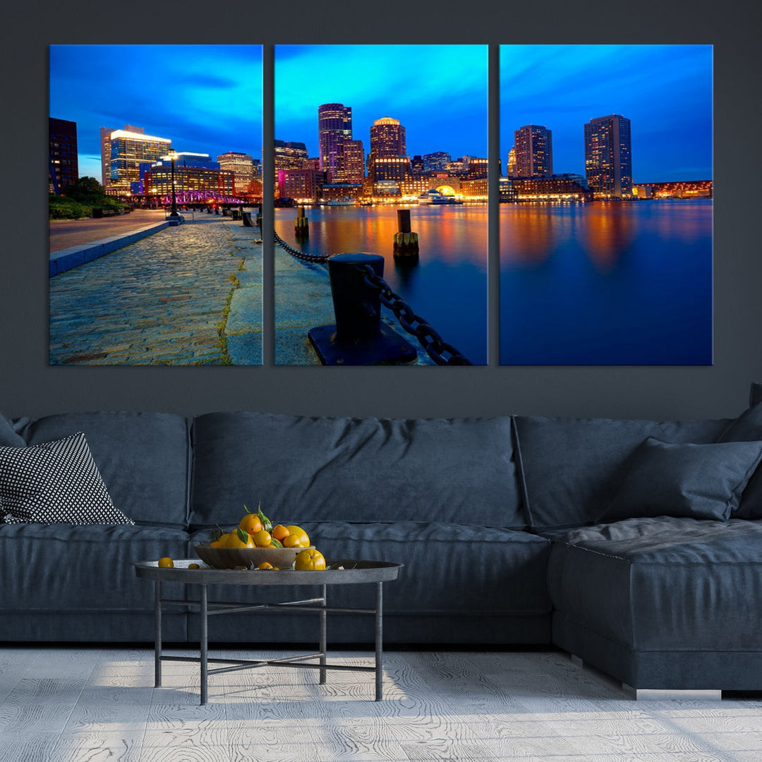 Boston Downtown Night Skyline Picture Canvas Wall Art Print