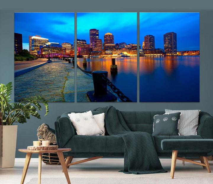 Boston Downtown Night Skyline Picture Canvas Wall Art Print