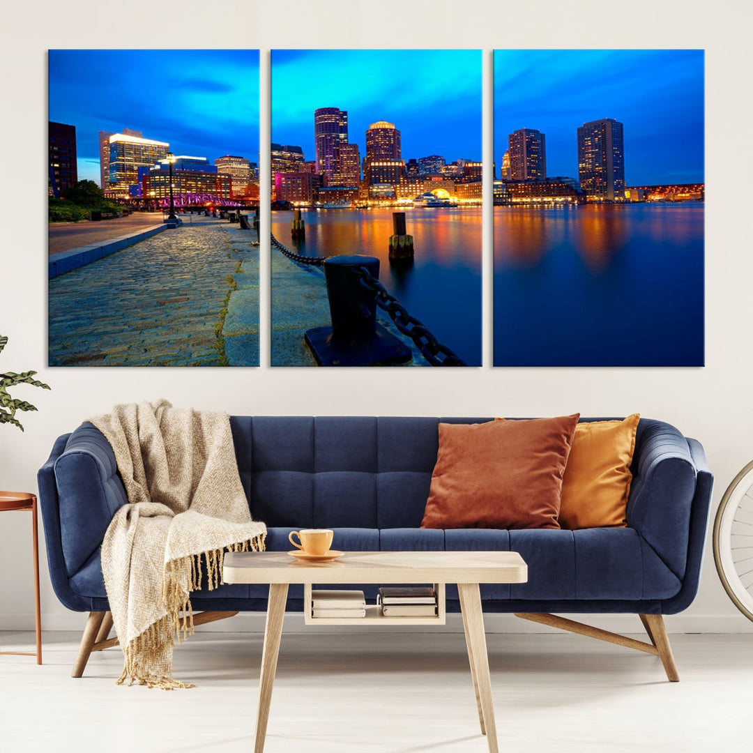 Boston Downtown Night Skyline Picture Canvas Wall Art Print