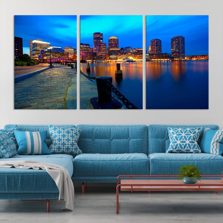 Boston Downtown Night Skyline Picture Canvas Wall Art Print