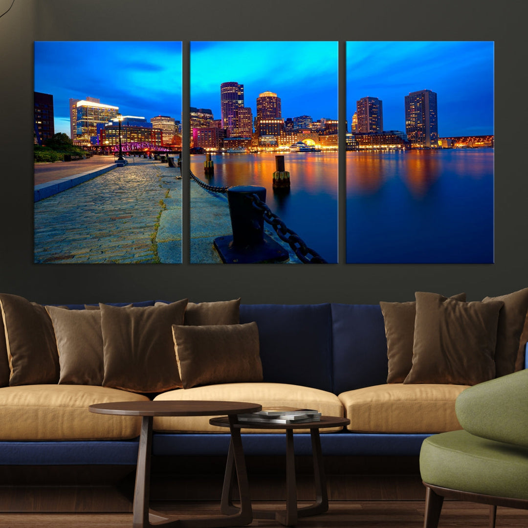 Boston Downtown Night Skyline Picture Canvas Wall Art Print