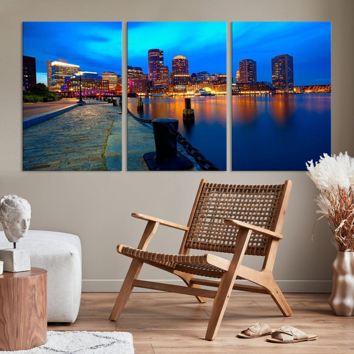 Boston Downtown Night Skyline Picture Canvas Wall Art Print