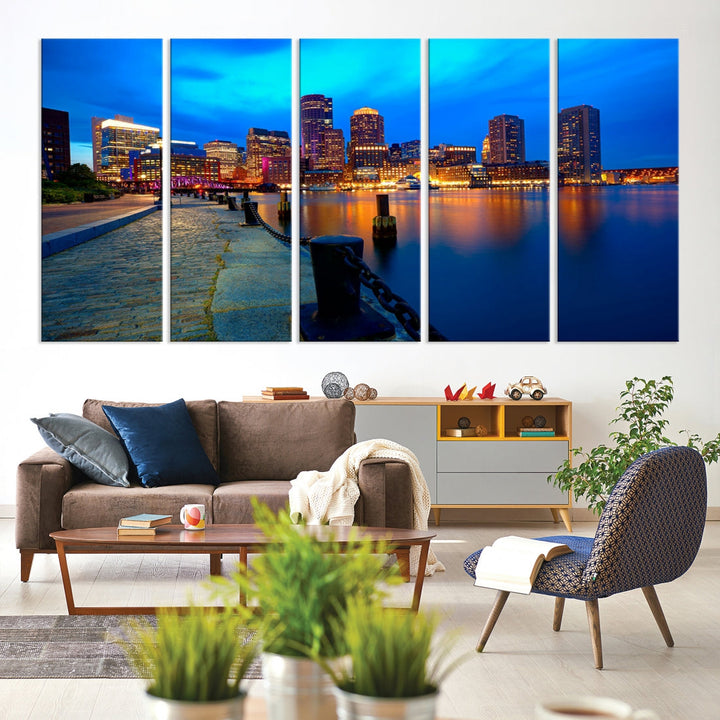 Boston Downtown Night Skyline Picture Canvas Wall Art Print