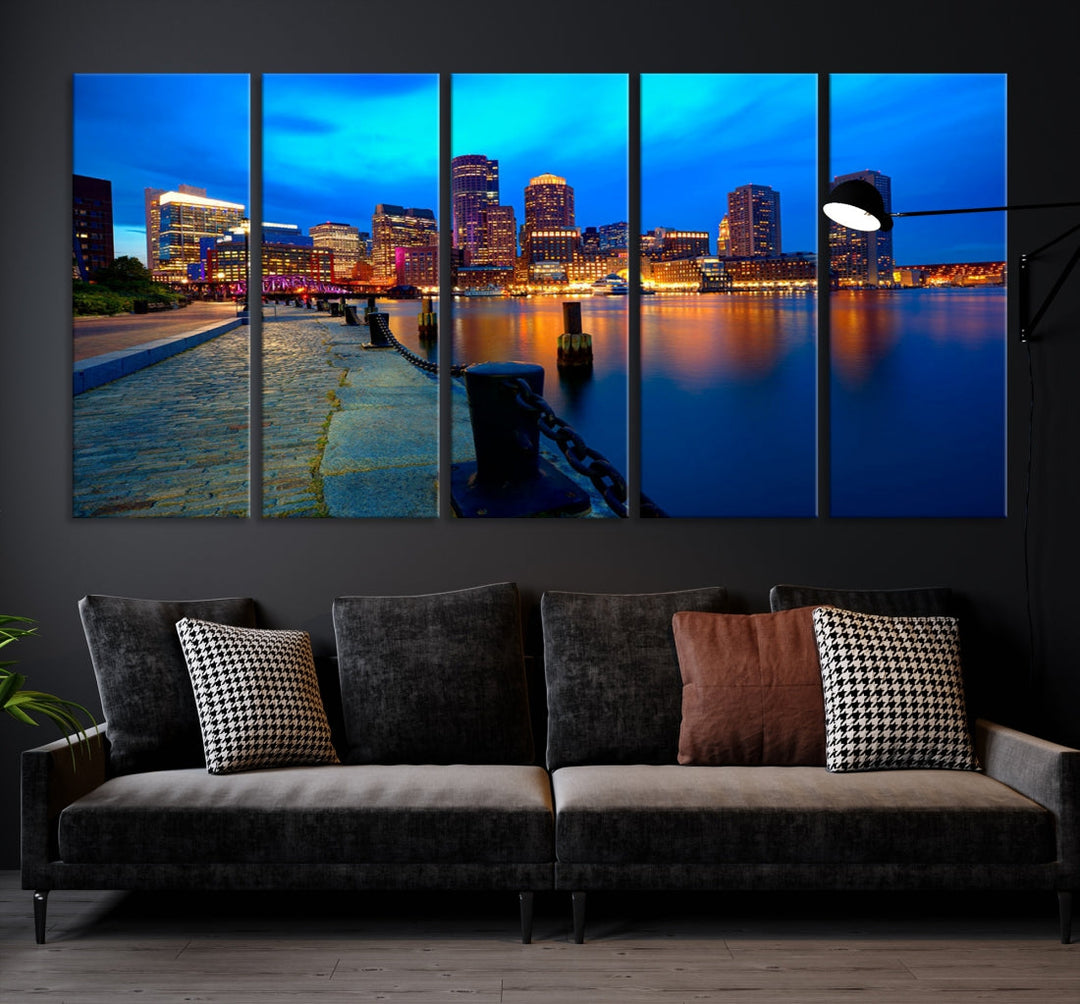 Boston Downtown Night Skyline Picture Canvas Wall Art Print