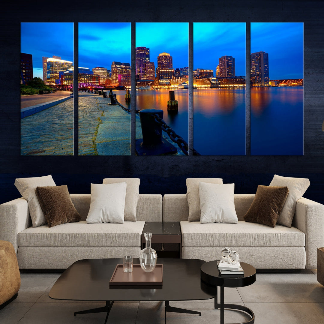 Boston Downtown Night Skyline Picture Canvas Wall Art Print