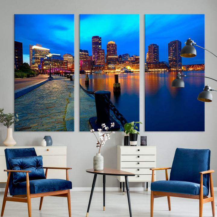 Boston Downtown Night Skyline Picture Canvas Wall Art Print