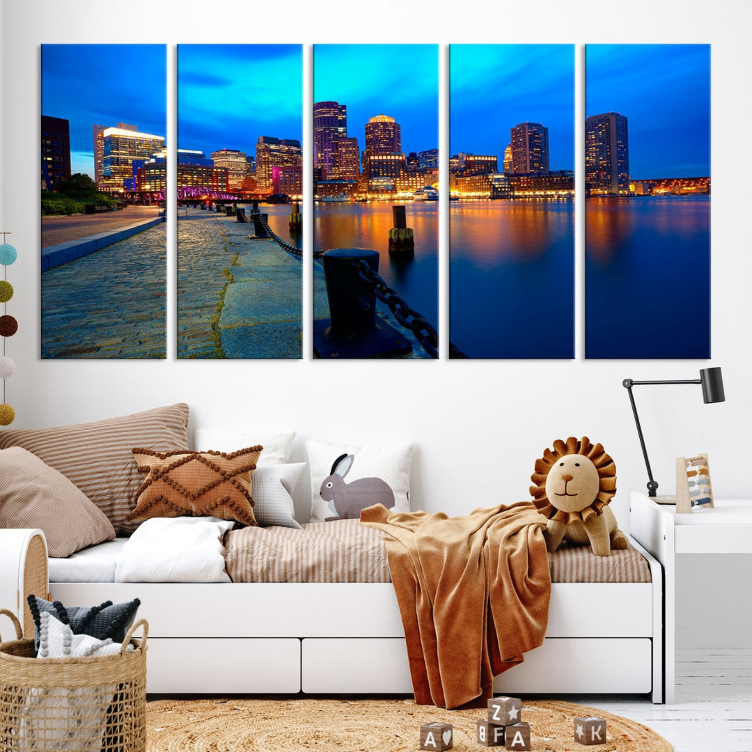 Boston Downtown Night Skyline Picture Canvas Wall Art Print