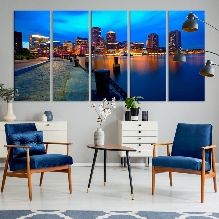 Boston Downtown Night Skyline Picture Canvas Wall Art Print