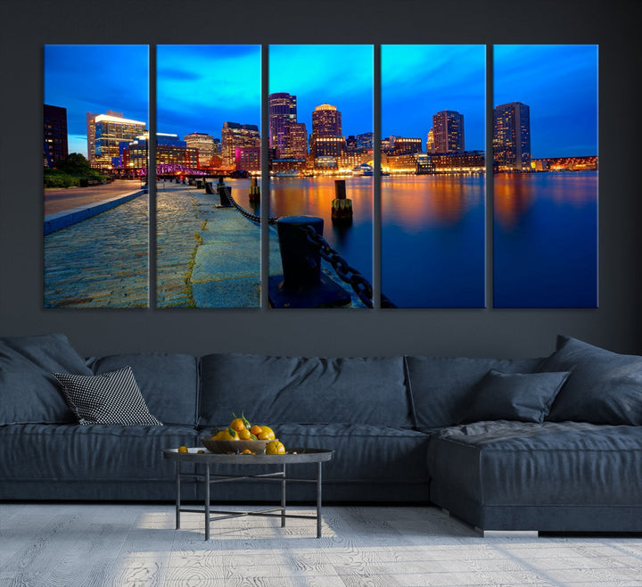 Boston Downtown Night Skyline Picture Canvas Wall Art Print