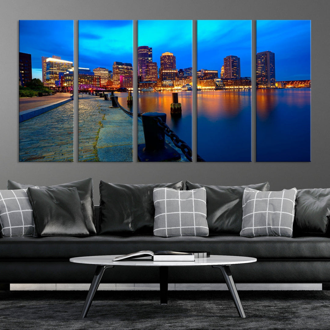 Boston Downtown Night Skyline Picture Canvas Wall Art Print