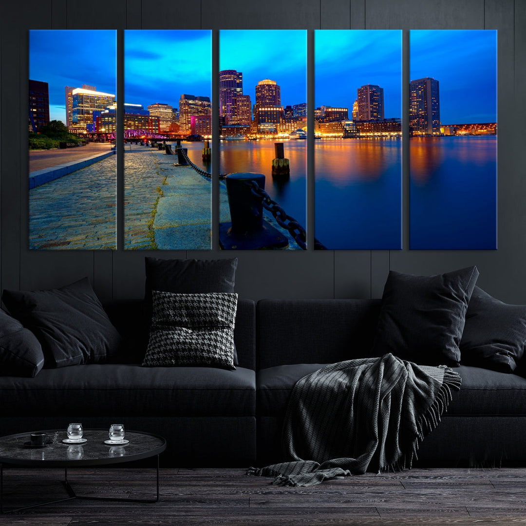 Boston Downtown Night Skyline Picture Canvas Wall Art Print