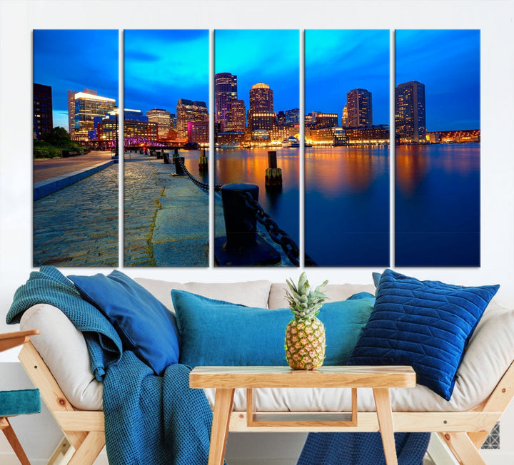 Boston Downtown Night Skyline Picture Canvas Wall Art Print