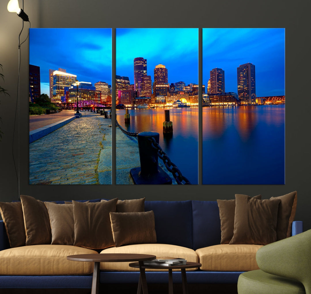 Boston Downtown Night Skyline Picture Canvas Wall Art Print