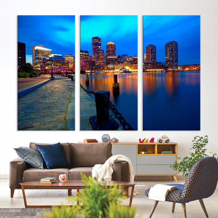 Boston Downtown Night Skyline Picture Canvas Wall Art Print