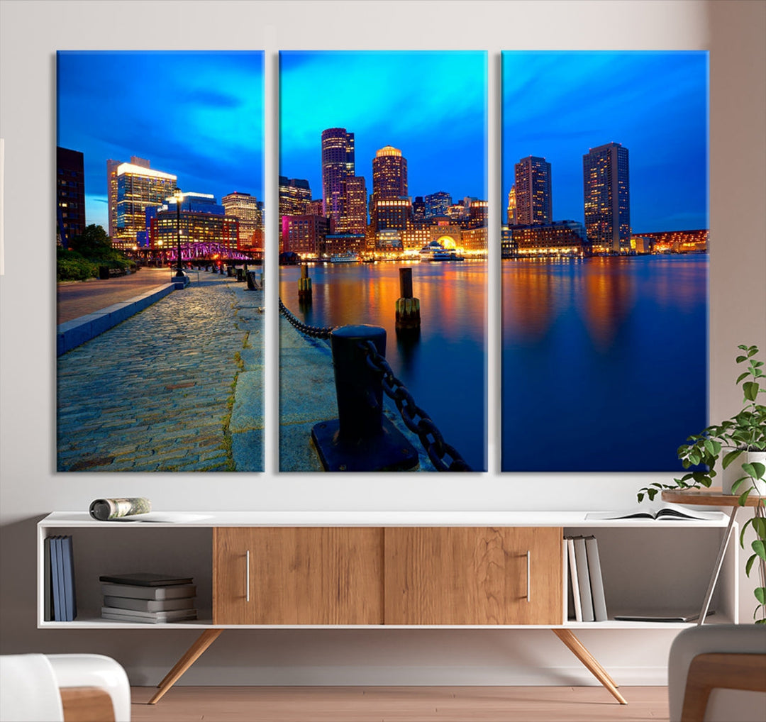 Boston Downtown Night Skyline Picture Canvas Wall Art Print