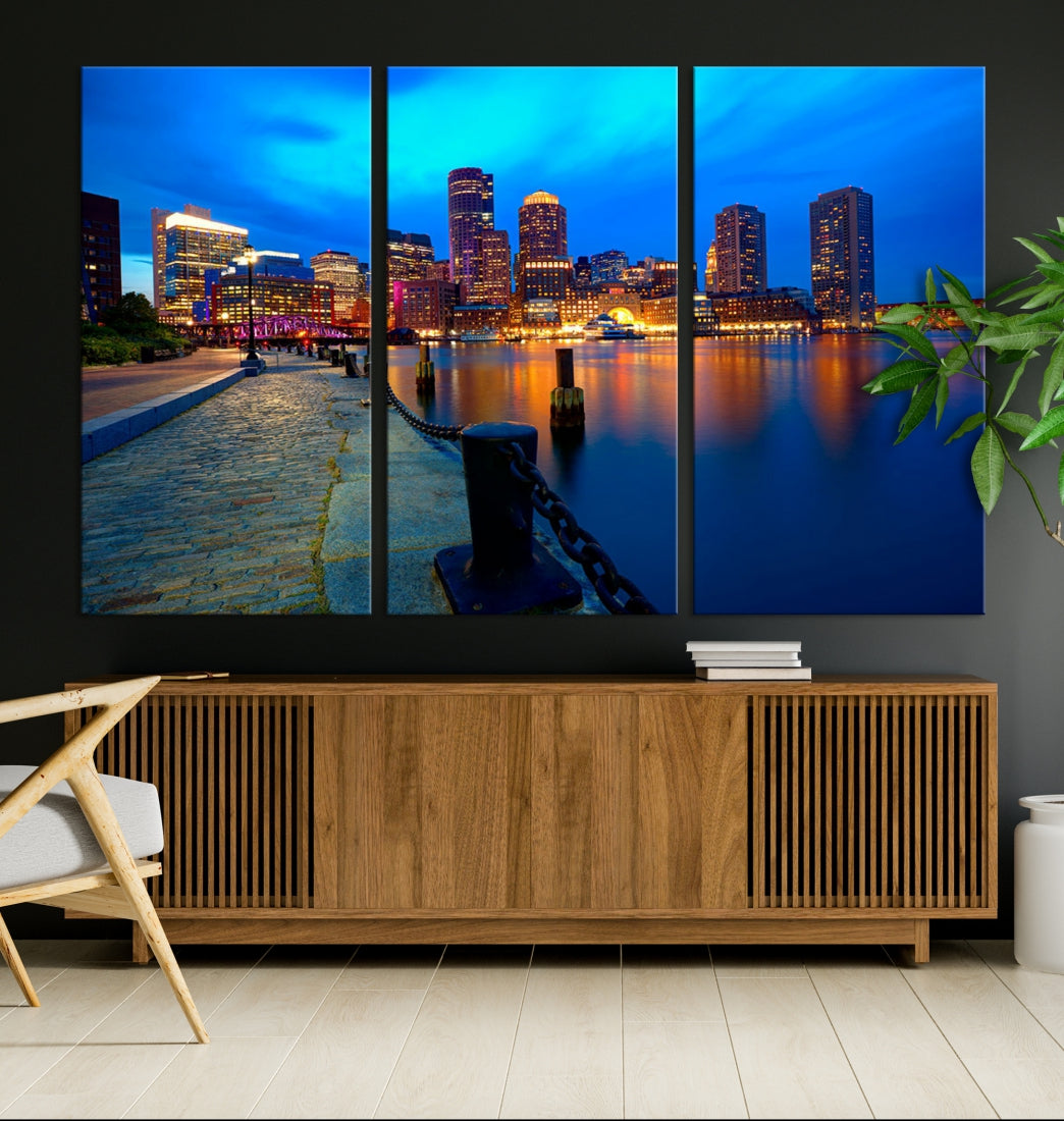 Boston Downtown Night Skyline Picture Canvas Wall Art Print