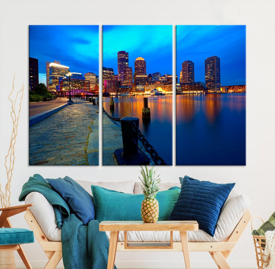 Boston Downtown Night Skyline Picture Canvas Wall Art Print