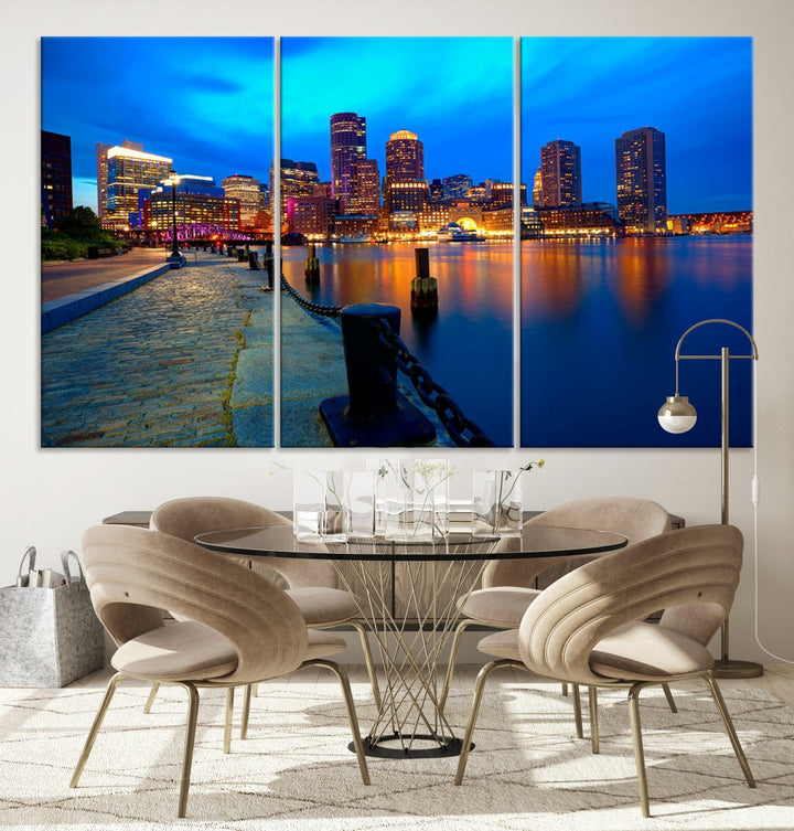 Boston Downtown Night Skyline Picture Canvas Wall Art Print