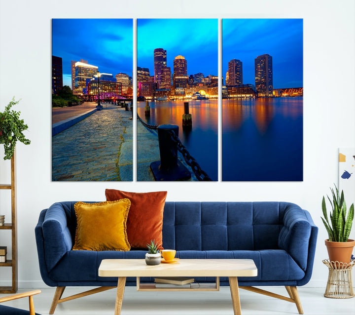 Boston Downtown Night Skyline Picture Canvas Wall Art Print