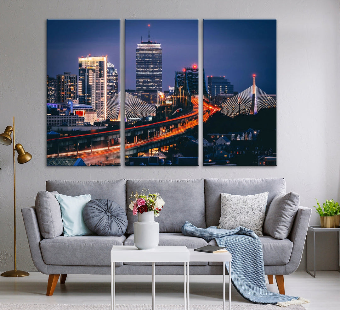 Boston Night Blue Skyline Canvas Art Print Framed Cityscape Picture Wall Decor