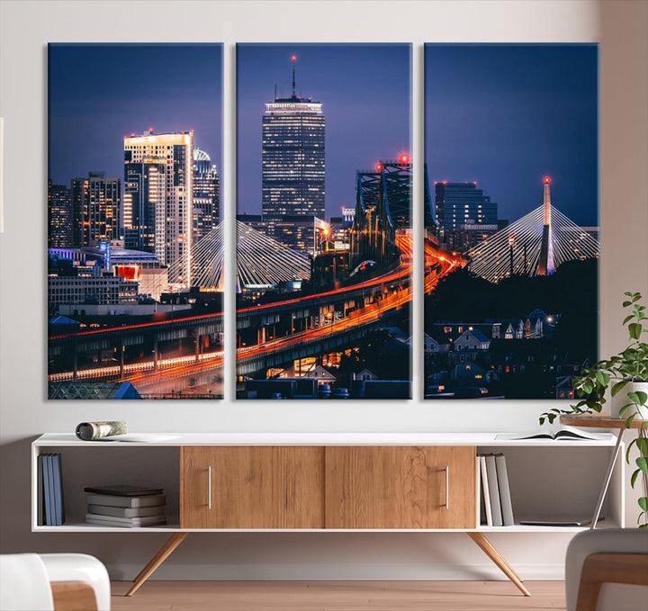 Boston Night Blue Skyline Canvas Art Print Framed Cityscape Picture Wall Decor