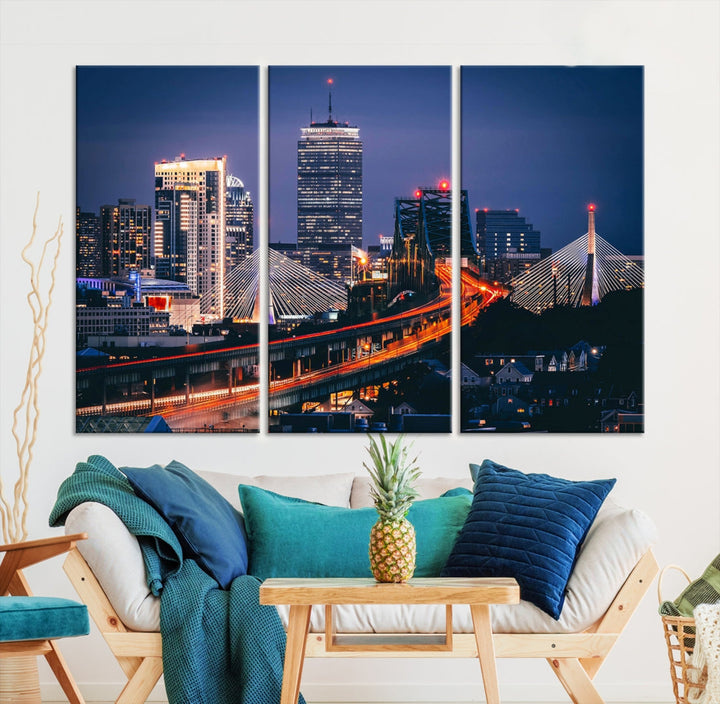 Boston Night Blue Skyline Canvas Art Print Framed Cityscape Picture Wall Decor