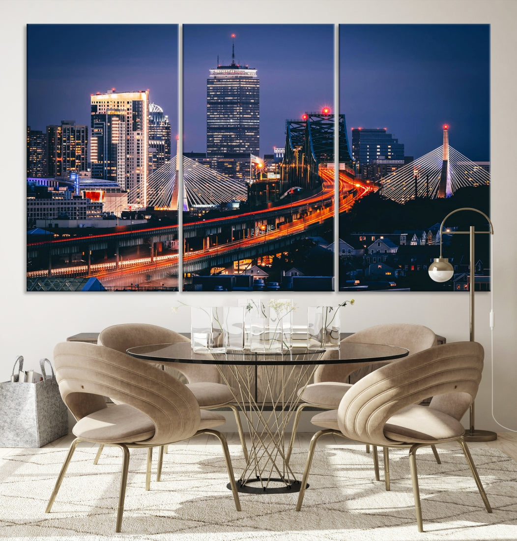 Boston Night Blue Skyline Canvas Art Print Framed Cityscape Picture Wall Decor