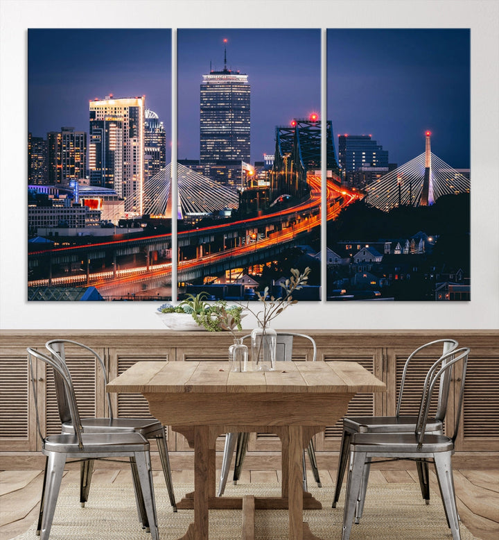 Boston Night Blue Skyline Canvas Art Print Framed Cityscape Picture Wall Decor