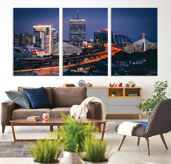 Boston Night Blue Skyline Canvas Art Print Framed Cityscape Picture Wall Decor