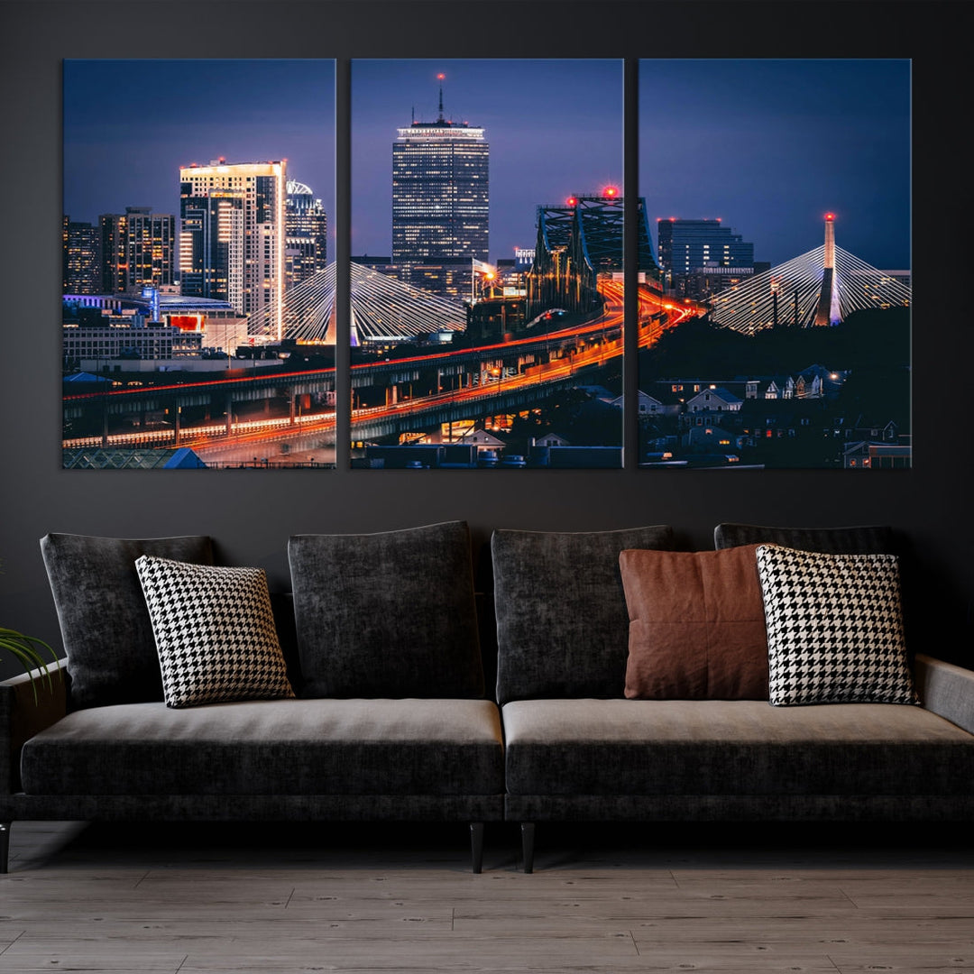 Boston Night Blue Skyline Canvas Art Print Framed Cityscape Picture Wall Decor