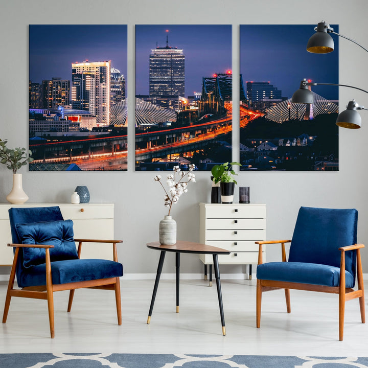 Boston Night Blue Skyline Canvas Art Print Framed Cityscape Picture Wall Decor