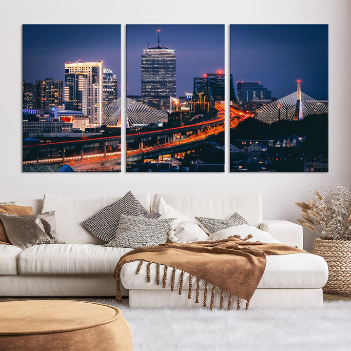 Boston Night Blue Skyline Canvas Art Print Framed Cityscape Picture Wall Decor