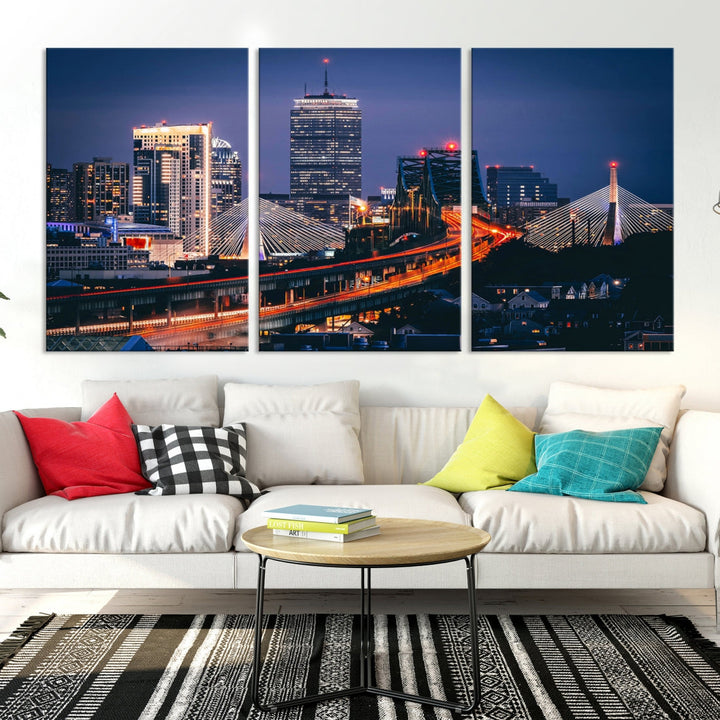 Boston Night Blue Skyline Canvas Art Print Framed Cityscape Picture Wall Decor