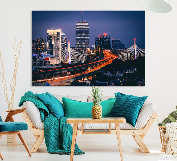 Boston Night Blue Skyline Canvas Art Print Framed Cityscape Picture Wall Decor