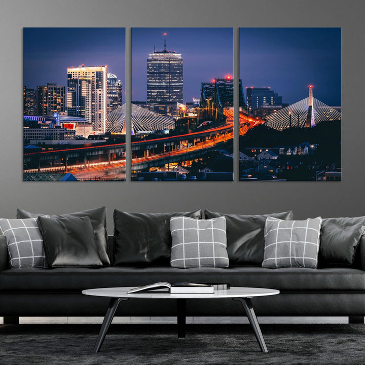 Boston Night Blue Skyline Canvas Art Print Framed Cityscape Picture Wall Decor