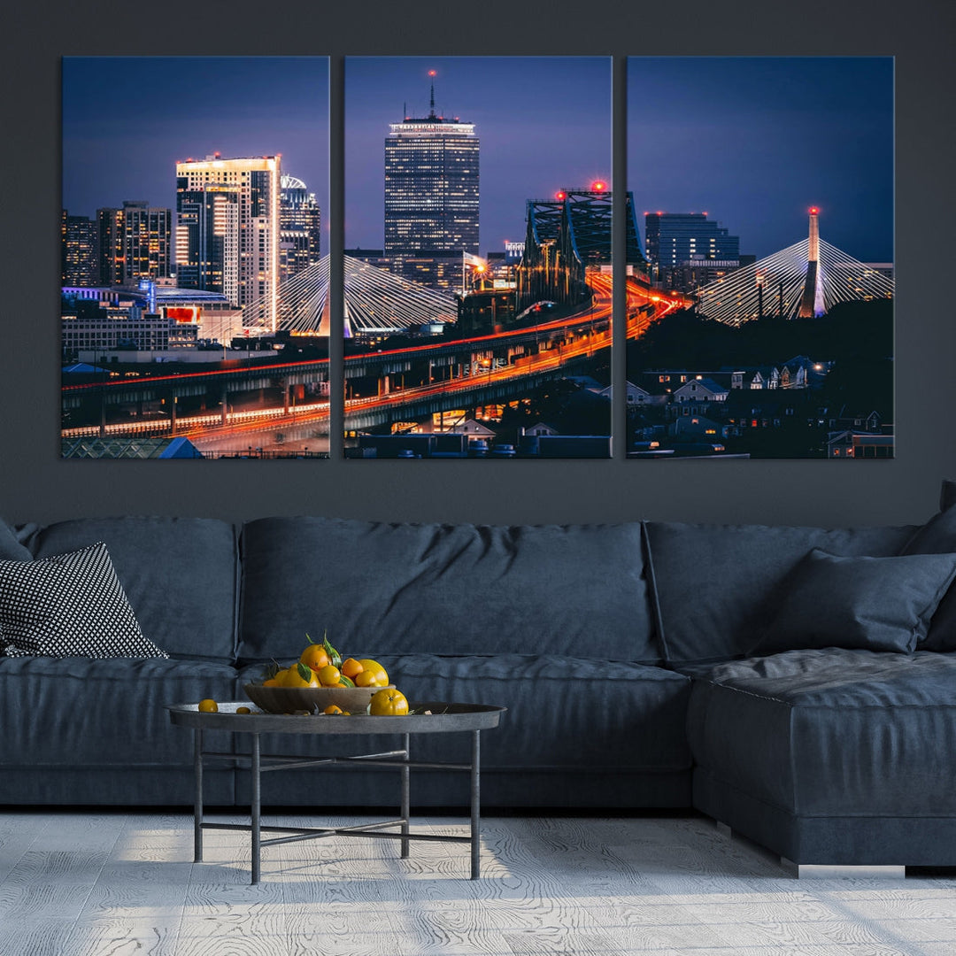 Boston Night Blue Skyline Canvas Art Print Framed Cityscape Picture Wall Decor