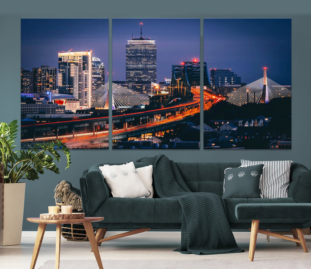 Boston Night Blue Skyline Canvas Art Print Framed Cityscape Picture Wall Decor