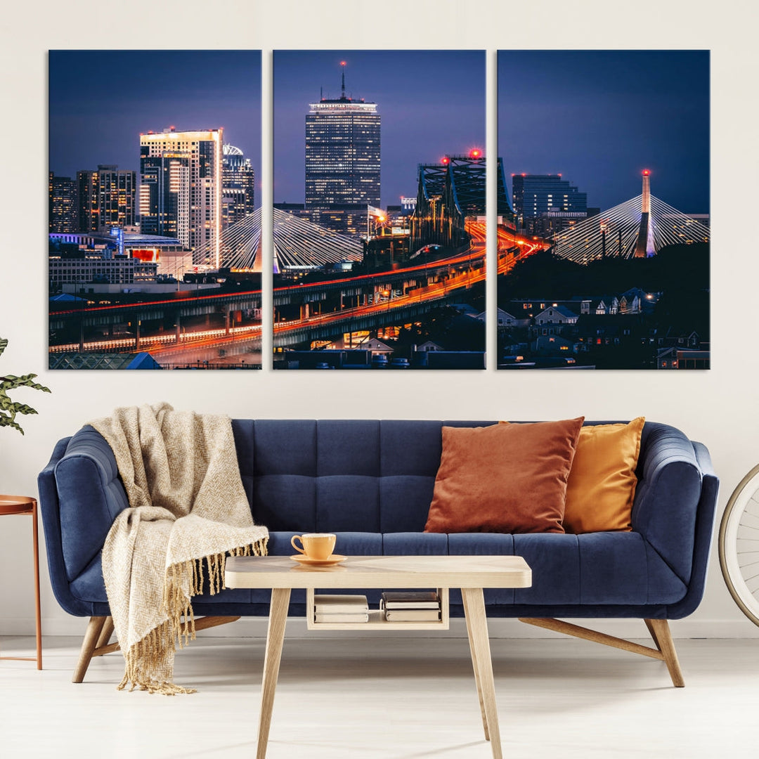 Boston Night Blue Skyline Canvas Art Print Framed Cityscape Picture Wall Decor