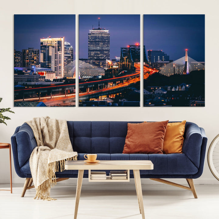 Boston Night Blue Skyline Canvas Art Print Framed Cityscape Picture Wall Decor