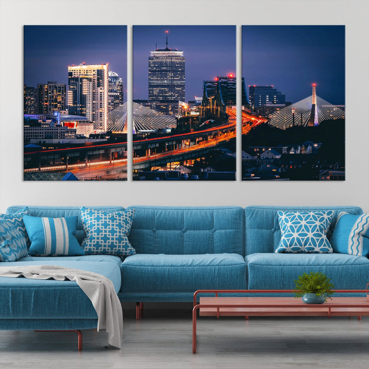 Boston Night Blue Skyline Canvas Art Print Framed Cityscape Picture Wall Decor