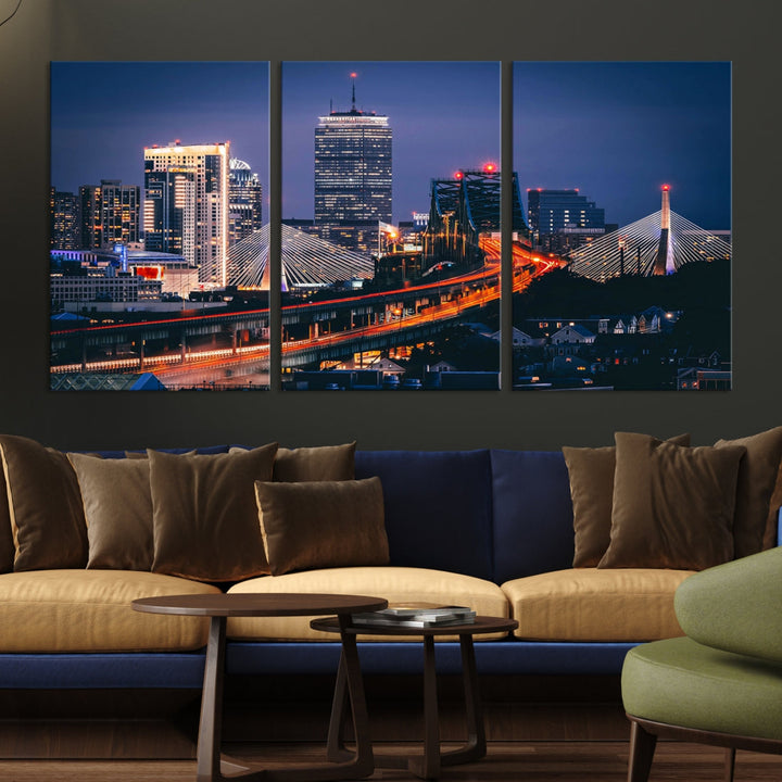 Boston Night Blue Skyline Canvas Art Print Framed Cityscape Picture Wall Decor