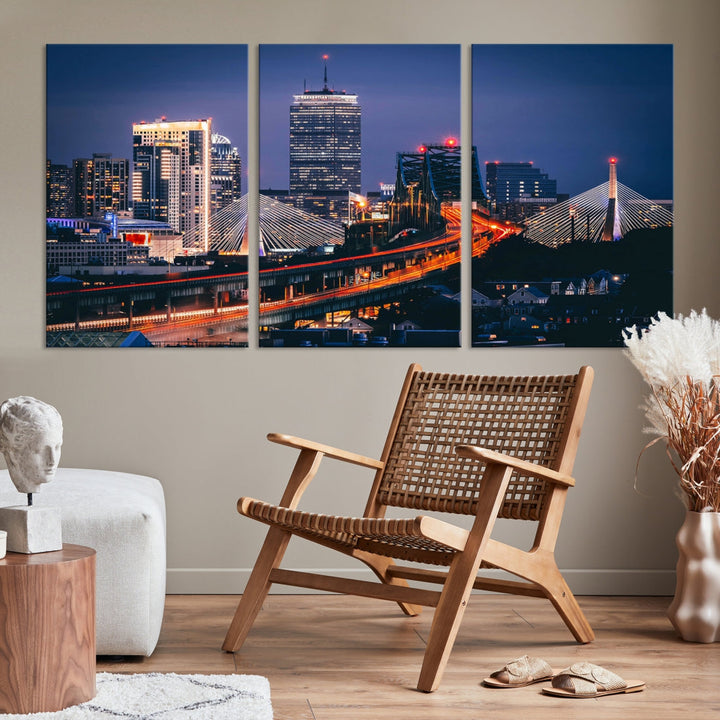 Boston Night Blue Skyline Canvas Art Print Framed Cityscape Picture Wall Decor