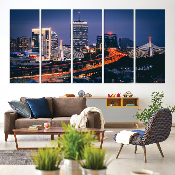 Boston Night Blue Skyline Canvas Art Print Framed Cityscape Picture Wall Decor