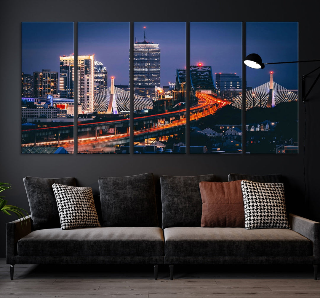 Boston Night Blue Skyline Canvas Art Print Framed Cityscape Picture Wall Decor