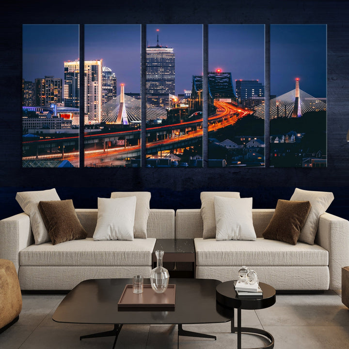 Boston Night Blue Skyline Canvas Art Print Framed Cityscape Picture Wall Decor