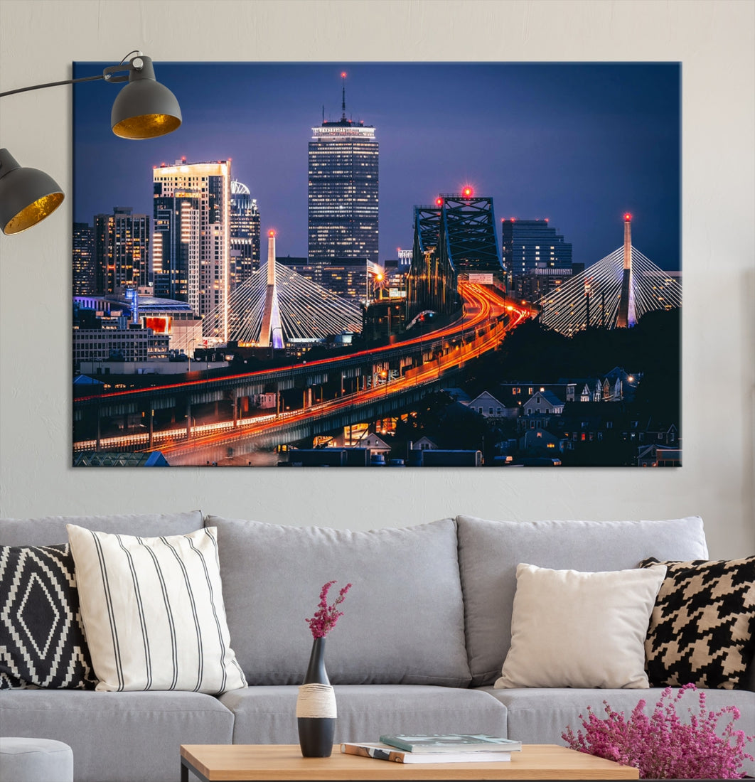 Boston Night Blue Skyline Canvas Art Print Framed Cityscape Picture Wall Decor